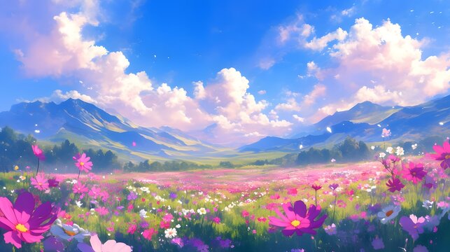 Fantasy landscape featuring a field full of spring flowers and a beautiful sky, painted in an anime style with vibrant digital colors.