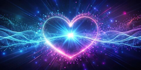 Fototapeta premium Glowing heart particles in a dark blue background, surrounded by subtle energy lines and vibrant purple sparks, glow