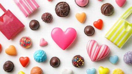 Fototapeta premium A collection of colorful Valentine symbols like heart-shaped candies, gift bags, and chocolate truffles, isolated on white