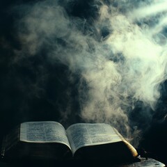 Open Holy Bible Book  Smoke  Light Rays  Spiritual  Mystery  Faith  Religion