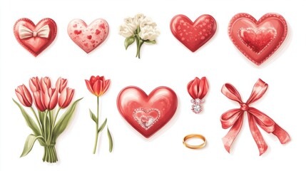 Fototapeta premium A collection of romantic Valentine symbols like intertwined hearts, a bouquet of tulips, and an engagement ring, on a white background