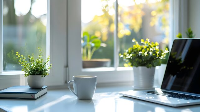 Close up view of workspace with laptop, coffee cup and copy space on white table next to window