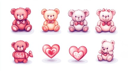 Obraz premium A group of cute Valentine-themed icons, including teddy bears, sparkling hearts, and decorative bows, isolated on white
