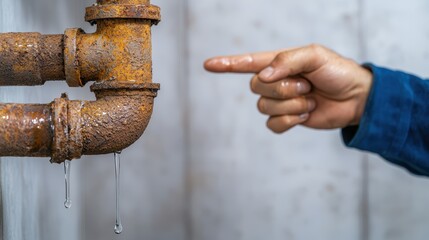 Water Leak Damage inspection Concept, Plumber Pointing at Rusted Pipes with Water Dripping in Home Repair Situation