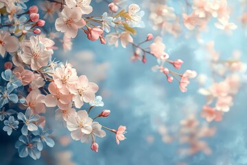 Delicate spring background with blooming cherry blossoms in shades of pink, white, and light blue, creating a serene and tranquil atmosphere.