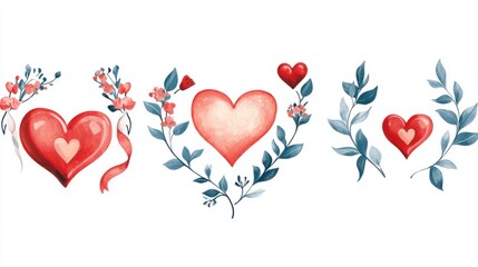 A set of love-themed icons featuring hearts, romantic ribbons, and floral garlands, arranged on a clean white background