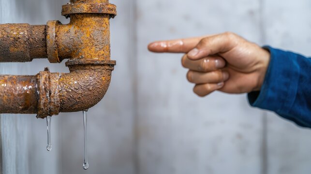 Water Leak Damage inspection Concept, Plumber Pointing at Rusted Pipes with Water Dripping in Home Repair Situation