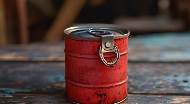 A red, vintage-style can with a pull-tab lid, resting on a weathered wooden surface.