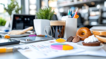 Busy office desk with coffee, pastries, and financial documents.