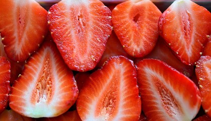 Close-up of vibrant red strawberry halves.