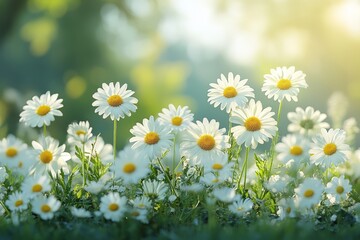 Serene meadow with daisies and grass, soft focus background and dreamy bokeh effect in pastel colors.