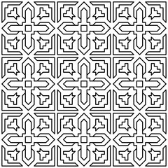 Seamless black and white geometric pattern with symmetrical lines and shapes in a grid layout.