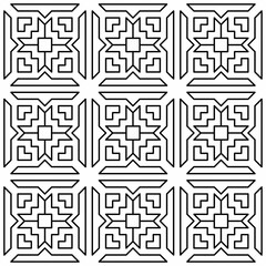 Seamless black and white geometric pattern with symmetrical lines and shapes in a grid layout.
