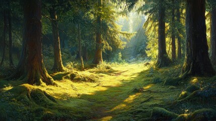 Fototapeta premium Sunlit Forest Path: A Tranquil Escape into Nature's Embrace