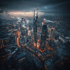 Naklejka premium Aerial View of a Futuristic Cityscape at Twilight with Skyscrapers