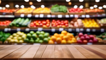 Wooden table in front of a blurred produce section.