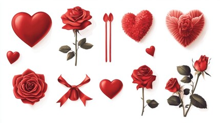 A set of Valentine icons including heart shapes, Cupid's bow, and red roses, elegantly designed, isolated on a white background