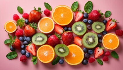 A vibrant mix of fresh fruits: strawberries, raspberries, blueberries, kiwi, and oranges, arranged on a pink background.