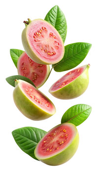 flying pink guava fruit slices isolated on transparent white background, clipping path