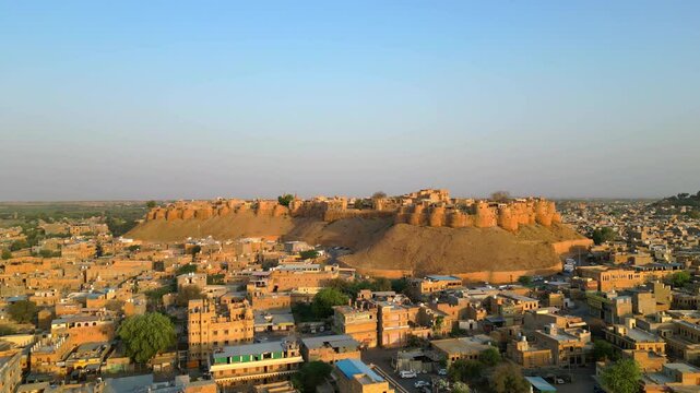 A stunning forward-facing 4K drone view showcasing the majestic Jaisalmer Fort, also known as the Golden Fort and Rajasthan cityscape on a sunny day, India