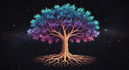 A celestial tree with its roots extending into the stars and its branches glowing with cosmic energy