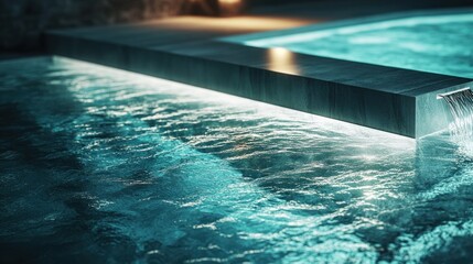 Obraz premium Illuminated pool water feature at night, stone steps, luxury resort