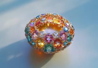 Vibrant and Colorful Statement Jewelry Piece with Sparkling Gems and Glitzy Accents Displayed on a Soft, Diffused Background for Fashion Enthusiasts