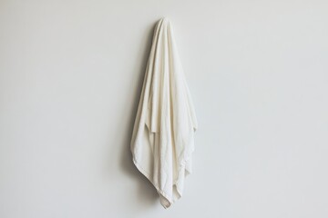 White towel hanging on a wall against an isolated white background, viewed from above, high-resolution photograph, stock photo contest winner.