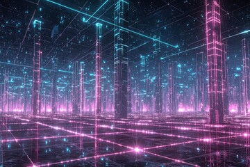 Fototapeta premium Futuristic Digital Forest with Neon Lights and Abstract Structures
