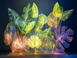 Tropical plants adapting to high humidity, glowing evaporation processes highlighting specialized leaf structures and balance