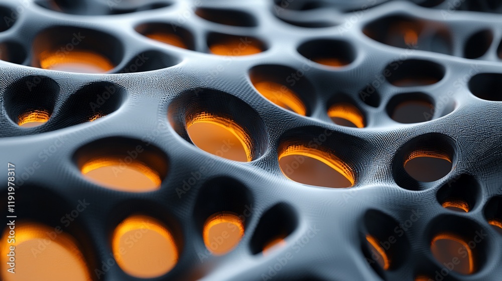 Poster abstract 3d rendering of porous, textured surface with glowing orange inner holes.