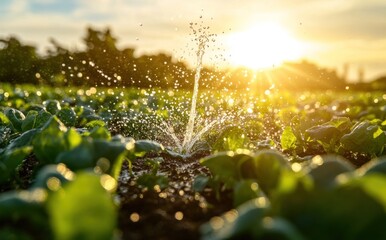 Golden Hour Irrigation: Sprinkler Watering Lush Green Crops at Sunset