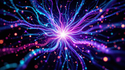 Naklejka premium Dynamic Abstract Energy Burst with Vibrant Neon Rays and Colorful Particles in Dark Background