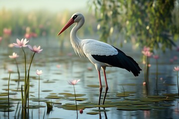 Fototapeta premium Serene Stork in Lotus Pond: A Digital Masterpiece