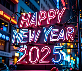 Happy New Year 2025 neon lettering.