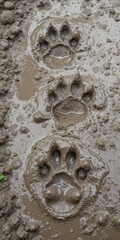Paw prints in muddy ground, indicating animal movement.