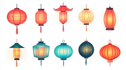 A collection of Chinese lantern icons in various shapes and colors, glowing softly, isolated on a white background