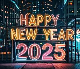 Fototapeta premium Happy New Year 2025 neon lettering.