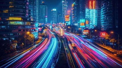 Neon City Nightscape: Vibrant Metropolis at Night