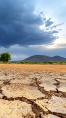 Naklejka premium Dramatic landscape showcasing cracked earth under a brooding sky. AI Generated