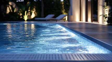 Luxury poolside, night, water feature, villa, tranquil