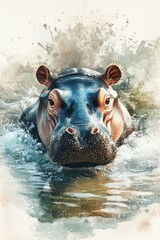 Fototapeta premium Watercolor Hippopotamus Emerging From Water Detailed Realistic Art Style