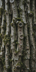 Close-up view of a textured tree bark with moss and natural patterns.