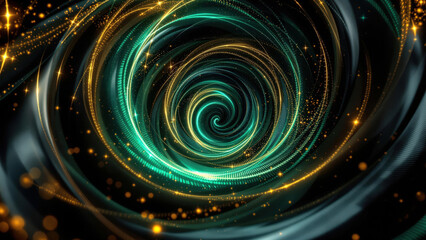 Obraz premium Elegant Abstract Spiral Vortex with Glowing Gold and Teal Swirls in Dark Cosmic Background
