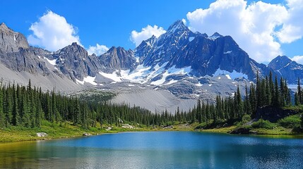 Fototapeta premium Mountain lake, alpine vista, summer sky, scenic travel poster