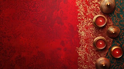 Festive candles, ornate fabric, red background; holiday greeting card