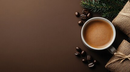 Festive Coffee Espresso, gifts, fir branch on brown background. Holiday season greeting card