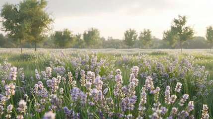 Obraz premium A serene landscape filled with blooming lavender flowers and trees under a soft sky.