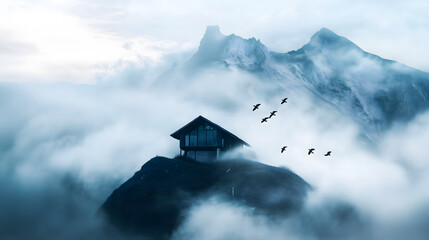 A hidden cabin perched on a misty mountain peak with distant mountains shrouded in fog and a flock of birds flying by, evoking a serene and dreamy atmosphere.





