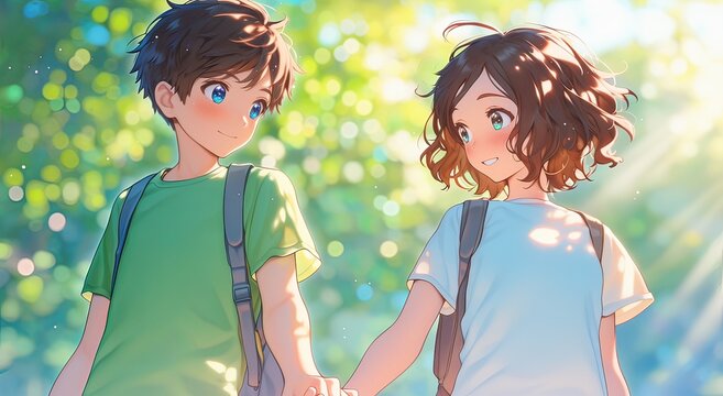 Cute anime couple walking hand-in-hand in school yard on a sunny day